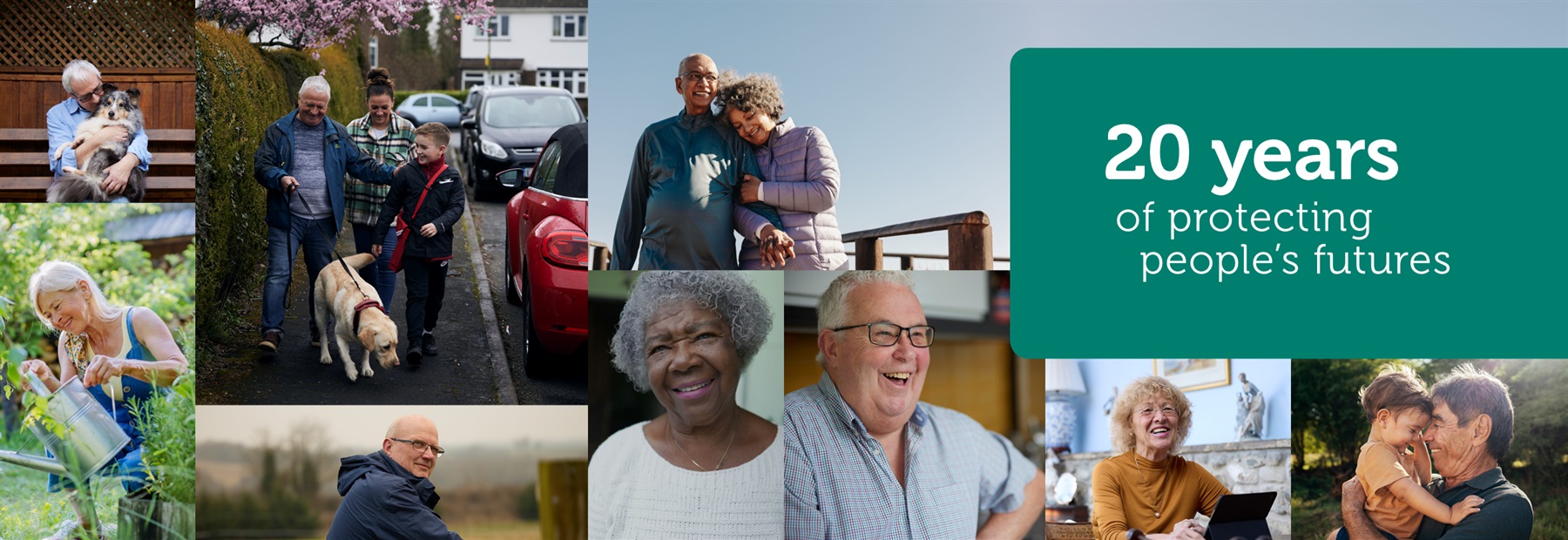 Images of people smiling, including PPF members. Caption: 20 years of protecting people’s futures