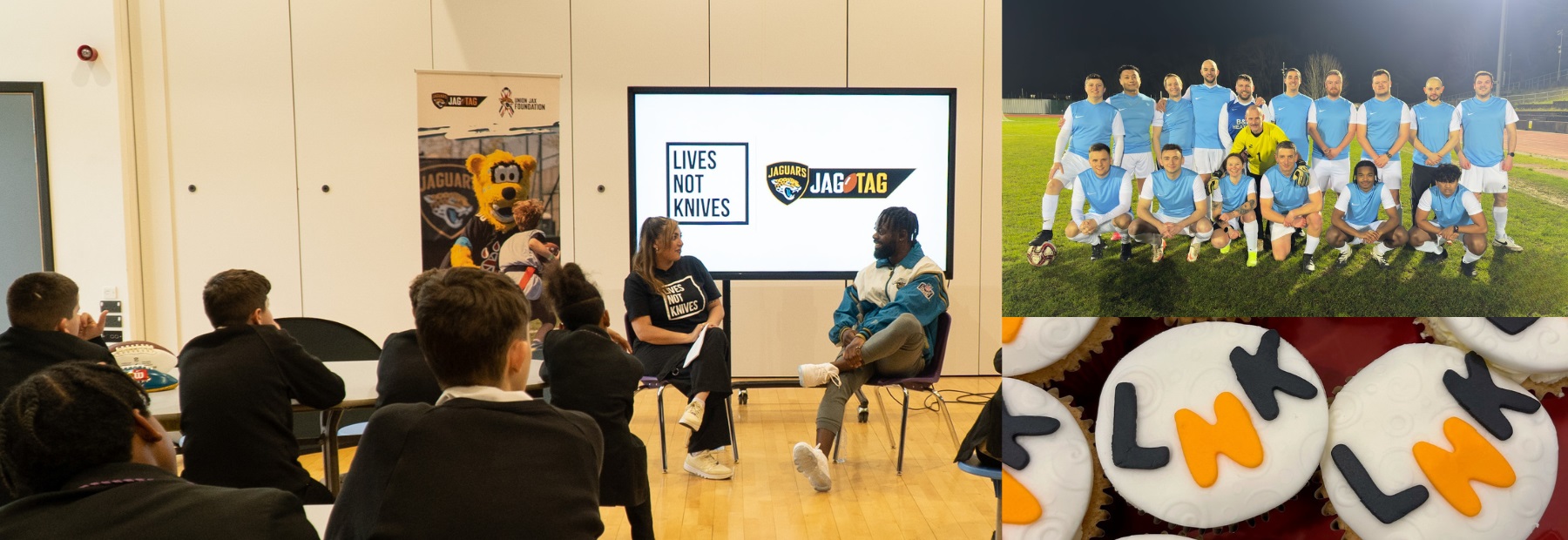 Collage image of young people at a presentation from Lives Not Knives, a fundraising football match, and a bake sale